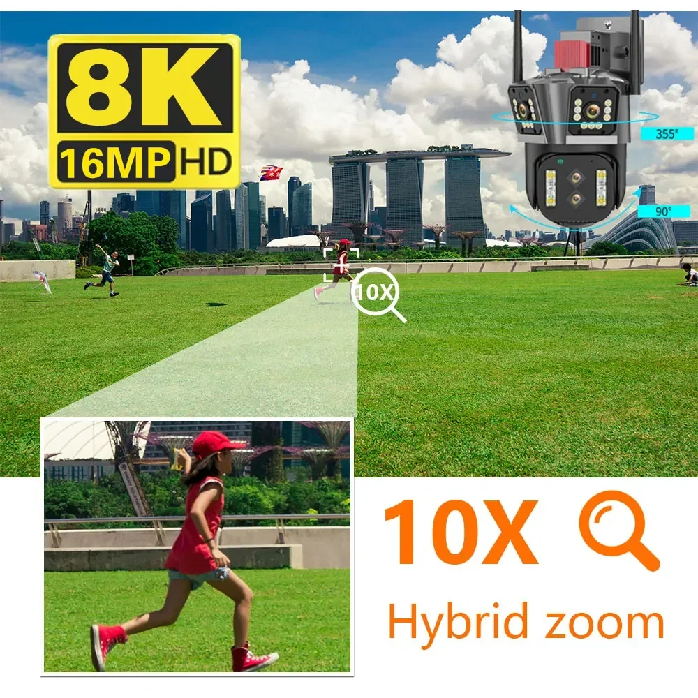 8K 16MP IP Camera Four Lens 10X Zoom Outdoor WiFi PTZ Security Protection Three Screens CCTV Video Surveillance AI Auto Tracking