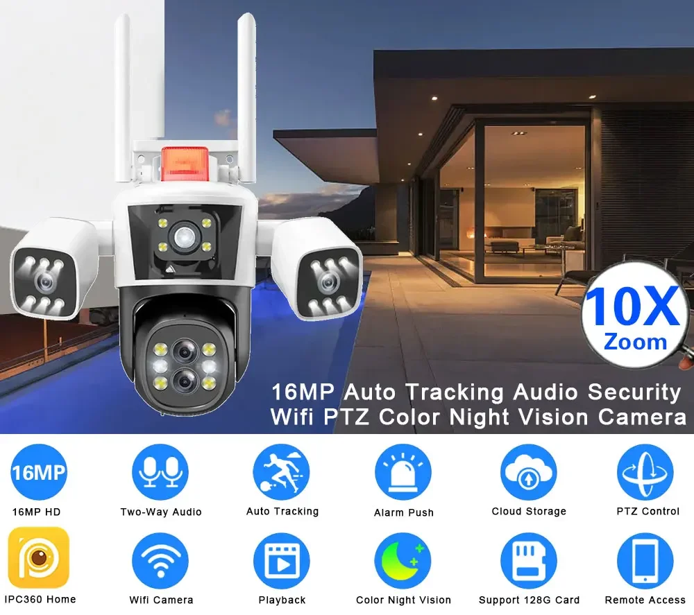 8K 16MP IP Camera Four Lens 10X Zoom Outdoor WiFi PTZ Security Protection Three Screens CCTV Video Surveillance AI Auto Tracking