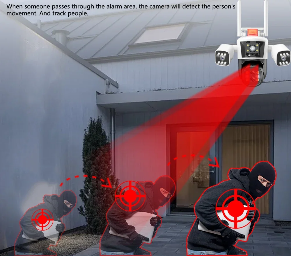 8K 16MP IP Camera Four Lens 10X Zoom Outdoor WiFi PTZ Security Protection Three Screens CCTV Video Surveillance AI Auto Tracking