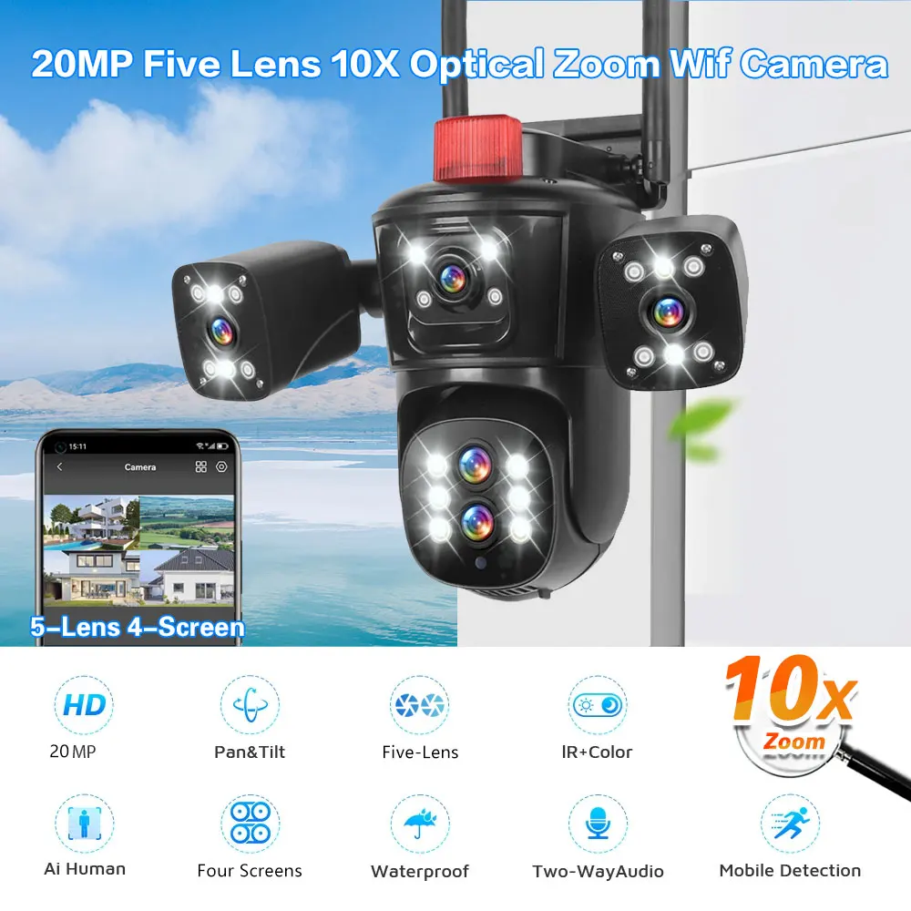 20MP 10K Security Protection Camera WiFi Outdoor 10X Zoom Five Lens Four Screens CCTV Video Surveillance Auto Tracking PTZ Cam