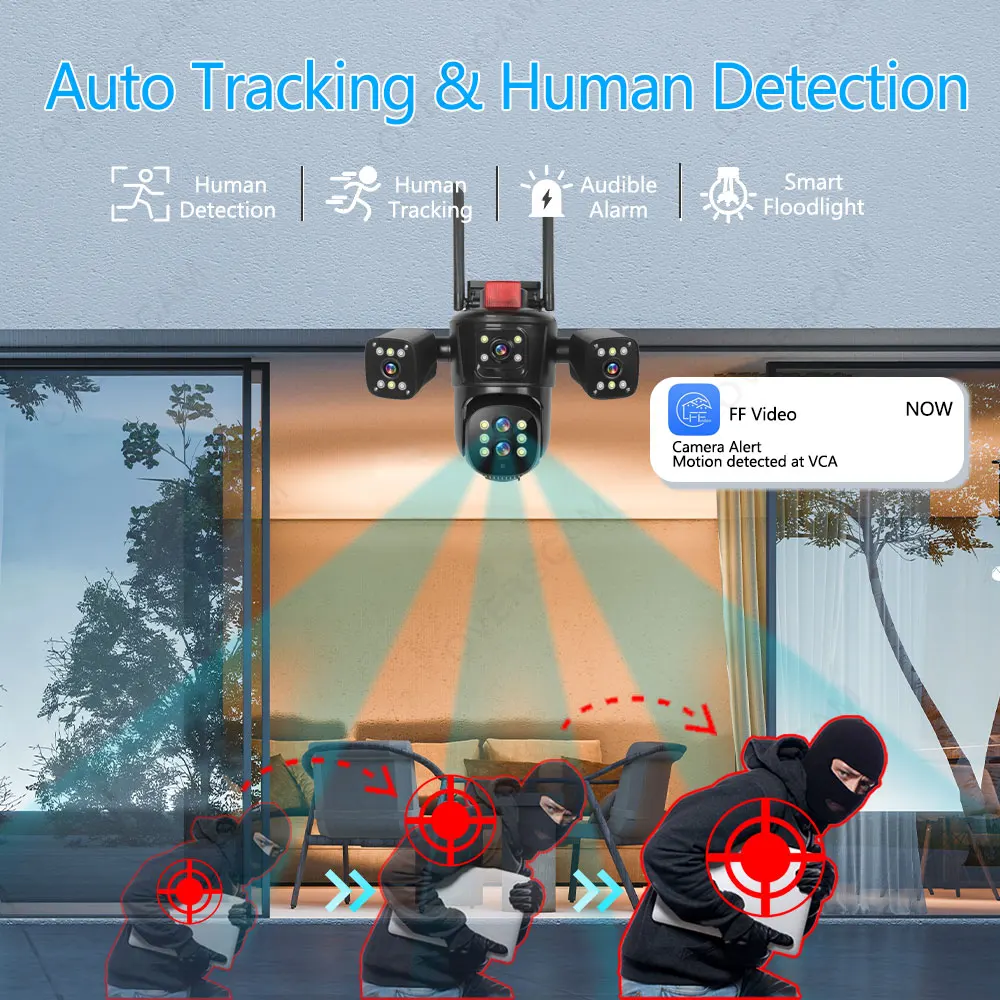 20MP 10K Security Protection Camera WiFi Outdoor 10X Zoom Five Lens Four Screens CCTV Video Surveillance Auto Tracking PTZ Cam 20MP 10K Security Protection Camera WiFi Outdoor 10X Zoom Five Lens Four Screens CCTV Video Surveillance Auto Tracking PTZ Cam