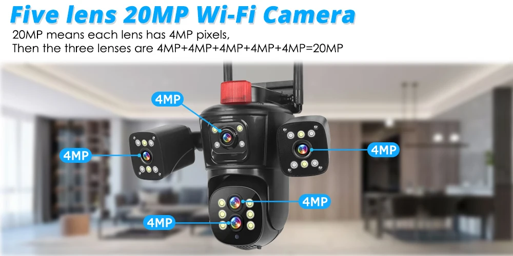 20MP 10K Security Protection Camera WiFi Outdoor 10X Zoom Five Lens Four Screens CCTV Video Surveillance Auto Tracking PTZ Cam