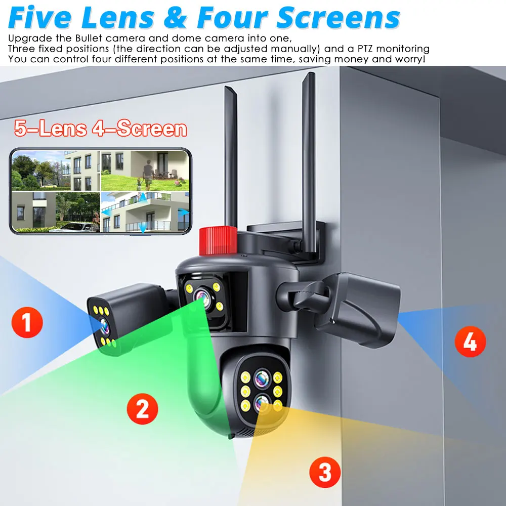 20MP 10K Security Protection Camera WiFi Outdoor 10X Zoom Five Lens Four Screens CCTV Video Surveillance Auto Tracking PTZ Cam 20MP 10K Security Protection Camera WiFi Outdoor 10X Zoom Five Lens Four Screens CCTV Video Surveillance Auto Tracking PTZ Cam