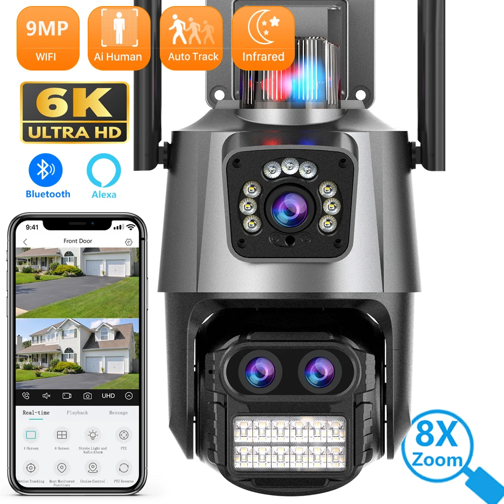 4.5K 9MP WIFI Camera Outdoor 8X Zoom Three Lens Dual Screen Audio Home Security 6MP PTZ Auto Tracking CCTV Video Surveillance 4.5K 9MP WIFI Camera Outdoor 8X Zoom Three Lens Dual Screen Audio Home Security 6MP PTZ Auto Tracking CCTV Video Surveillance