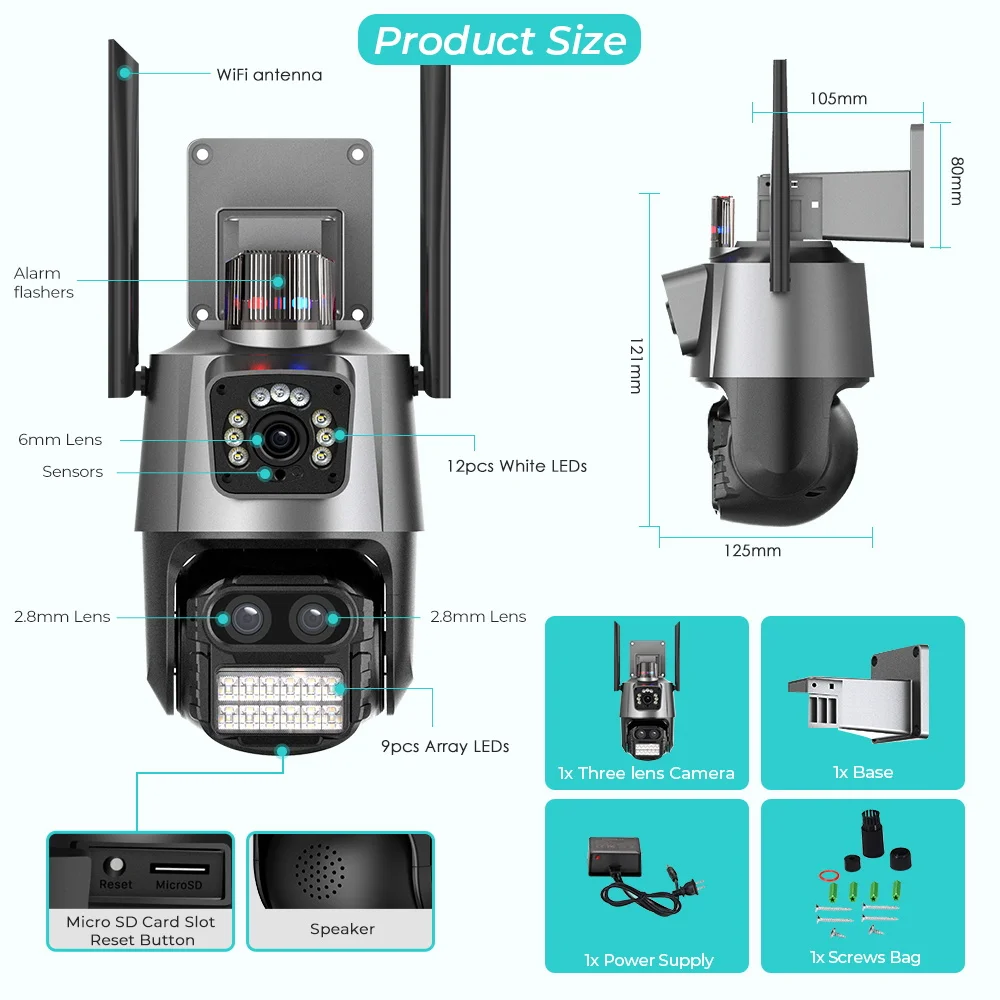 4.5K 9MP WIFI Camera Outdoor 8X Zoom Three Lens Dual Screen Audio Home Security 6MP PTZ Auto Tracking CCTV Video Surveillance
