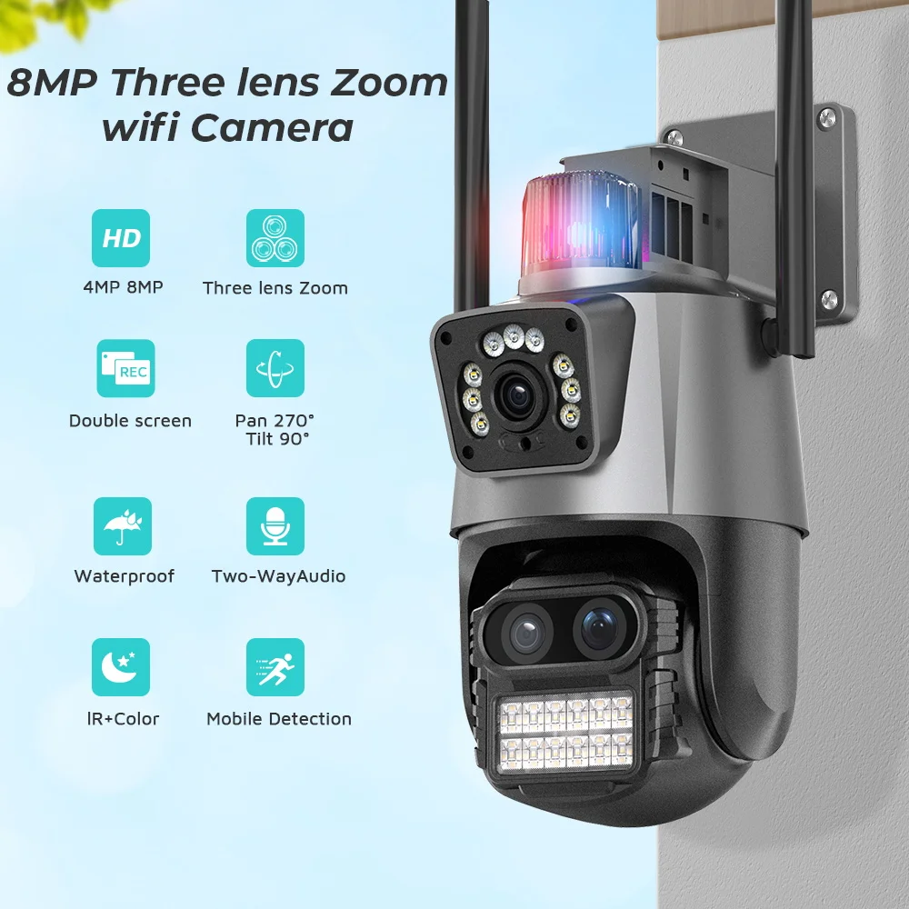 4.5K 9MP WIFI Camera Outdoor 8X Zoom Three Lens Dual Screen Audio Home Security 6MP PTZ Auto Tracking CCTV Video Surveillance 4.5K 9MP WIFI Camera Outdoor 8X Zoom Three Lens Dual Screen Audio Home Security 6MP PTZ Auto Tracking CCTV Video Surveillance