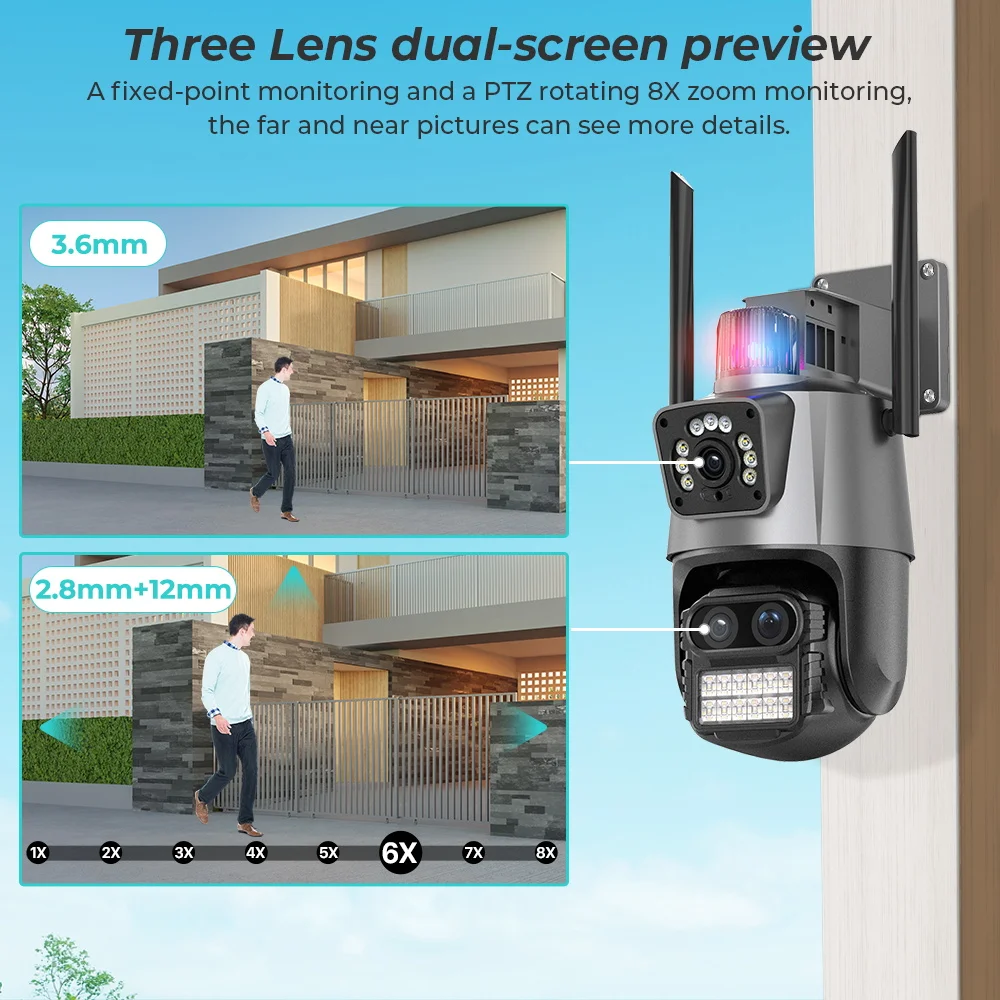 4.5K 9MP WIFI Camera Outdoor 8X Zoom Three Lens Dual Screen Audio Home Security 6MP PTZ Auto Tracking CCTV Video Surveillance