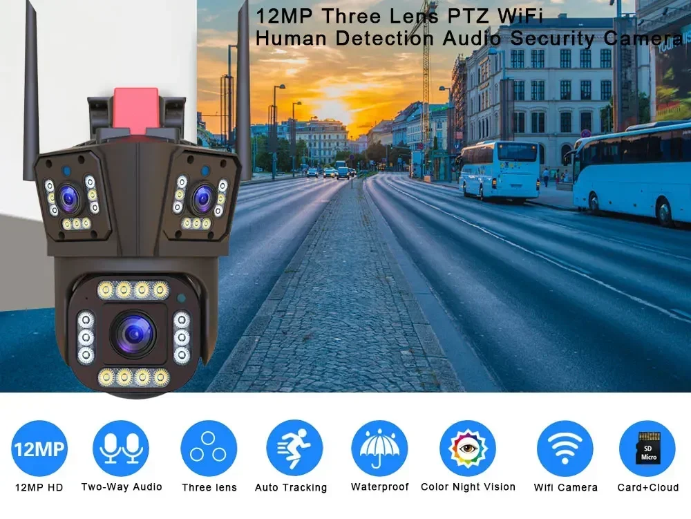 6K 12MP WiFi IP Camera Outdoor 360° Video Surveillance Security-Protection Three Screen Ai Tracking CCTV Waterproof Street Cam
