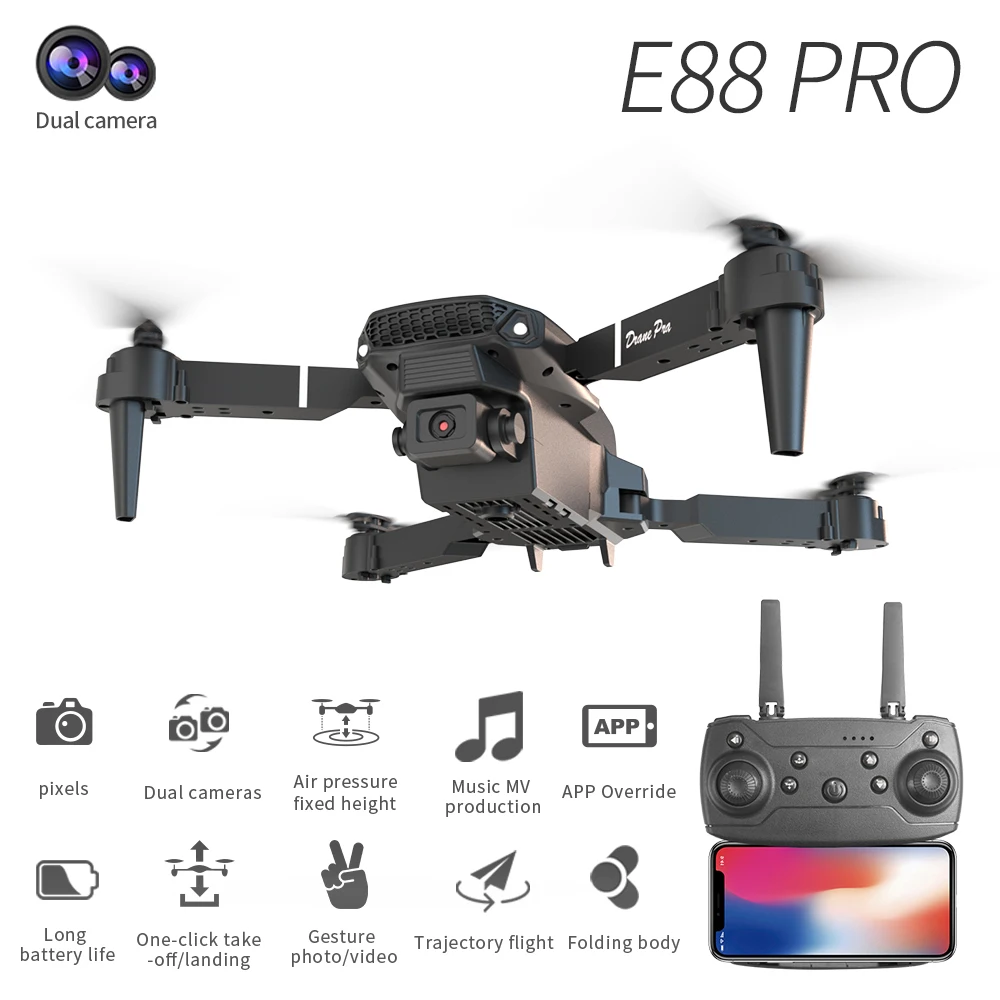 E88Pro 4K WIFI FPV Professional Grade RC Drone Foldable Helicopter 1080P Wide Angle HD Dual Camera Height Hold Gift Toy E88Pro 4K WIFI FPV Professional Grade RC Drone Foldable Helicopter 1080P Wide Angle HD Dual Camera Height Hold Gift Toy