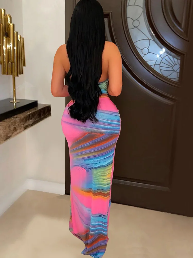 Beyprern Kiss The Rainbow Long Maxi Dress Women’s Metal Neck Cut-Out Printed High Slit Party Club Dress Night Clubwear Vestidos Beyprern Kiss The Rainbow Long Maxi Dress Women's Metal Neck Cut-Out Printed High Slit Party Club Dress Night Clubwear Vestidos