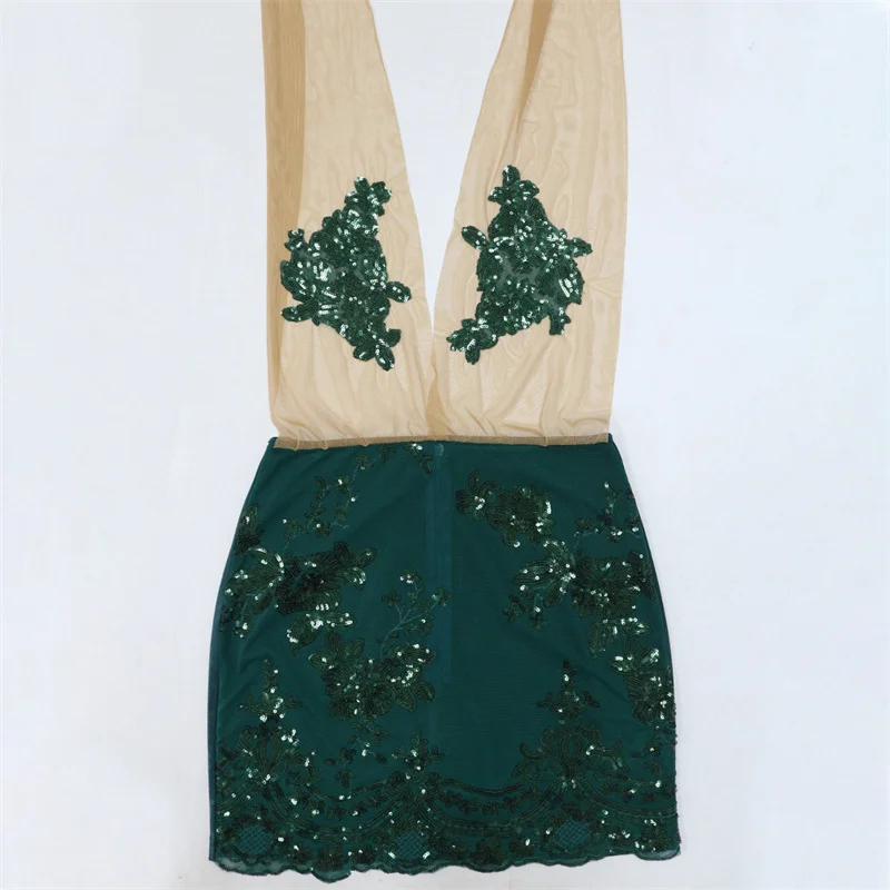 Summer Women Sleeveless Lace Up Halter Sheer Mesh Sexy Mini Night Club Dress Backless Bodycon Sequins See Through Party Dresses