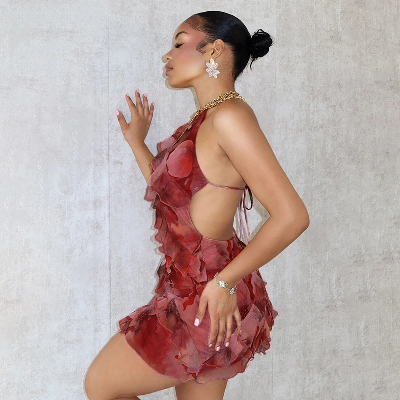 CUTENOVA Floral Printing Ruffles Mini Dress Women Sexy Halter Backless Body-Shaping Vacation Dresses 2024 Summer Holiday Beachwe