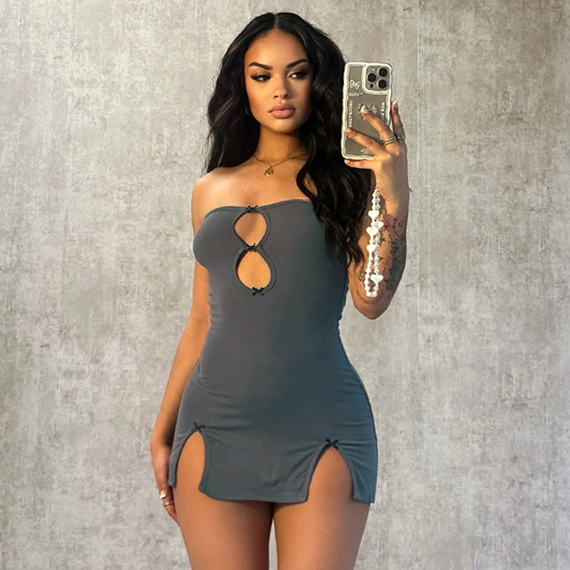 CUTENOVA Y2K Sexy Mini Dress Women Summer Hottie Hollow Out Strapless Solid Color Pullover Dresses Streetwear 2024 Women Clothin