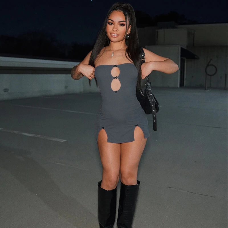 CUTENOVA Y2K Sexy Mini Dress Women Summer Hottie Hollow Out Strapless Solid Color Pullover Dresses Streetwear 2024 Women Clothin