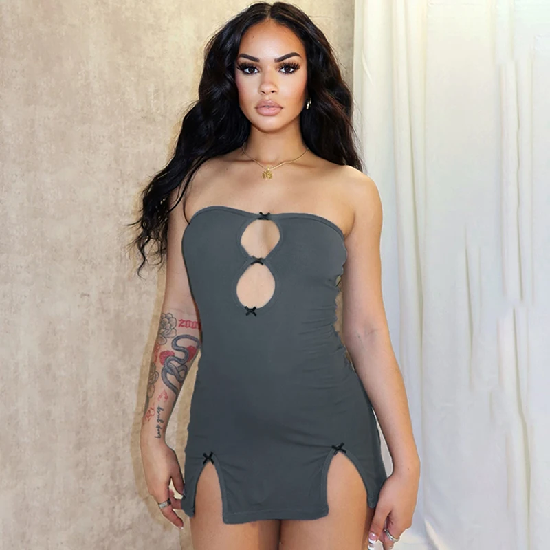 CUTENOVA Y2K Sexy Mini Dress Women Summer Hottie Hollow Out Strapless Solid Color Pullover Dresses Streetwear 2024 Women Clothin