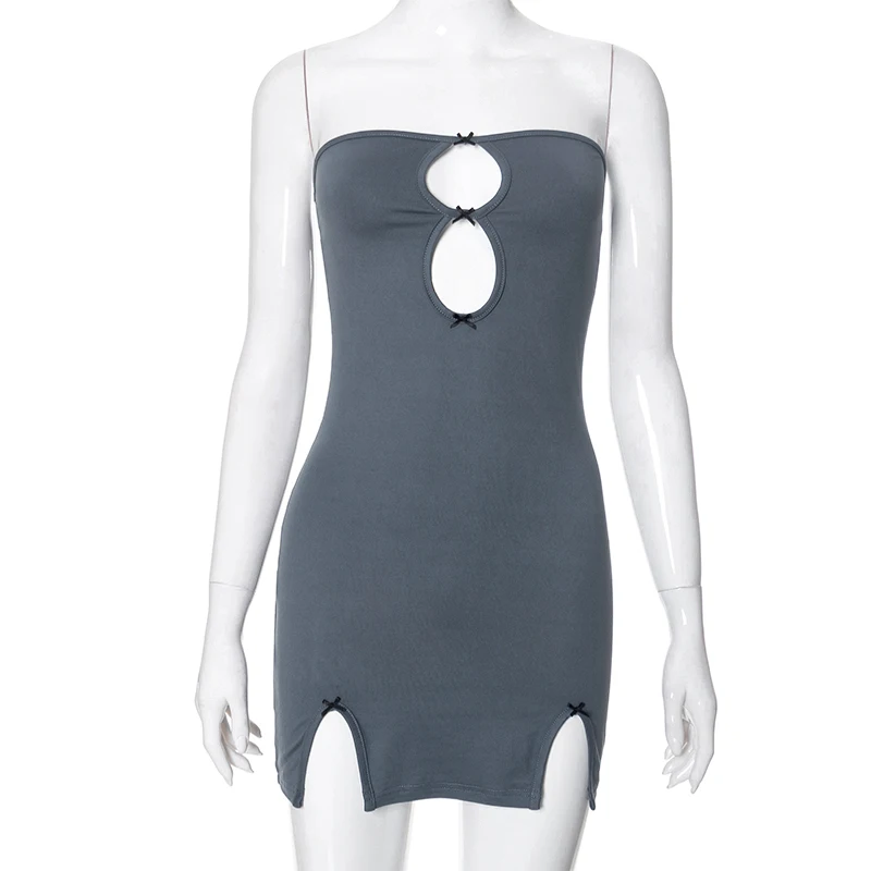 CUTENOVA Y2K Sexy Mini Dress Women Summer Hottie Hollow Out Strapless Solid Color Pullover Dresses Streetwear 2024 Women Clothin