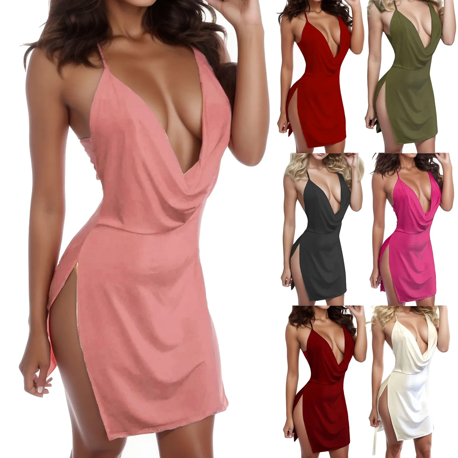 New Backless Halter Neck Dress Open Side Thigh Split Dress Deep Plunge Sexy Low Cut Night Club Wear Honeymoon Women Summer Dress