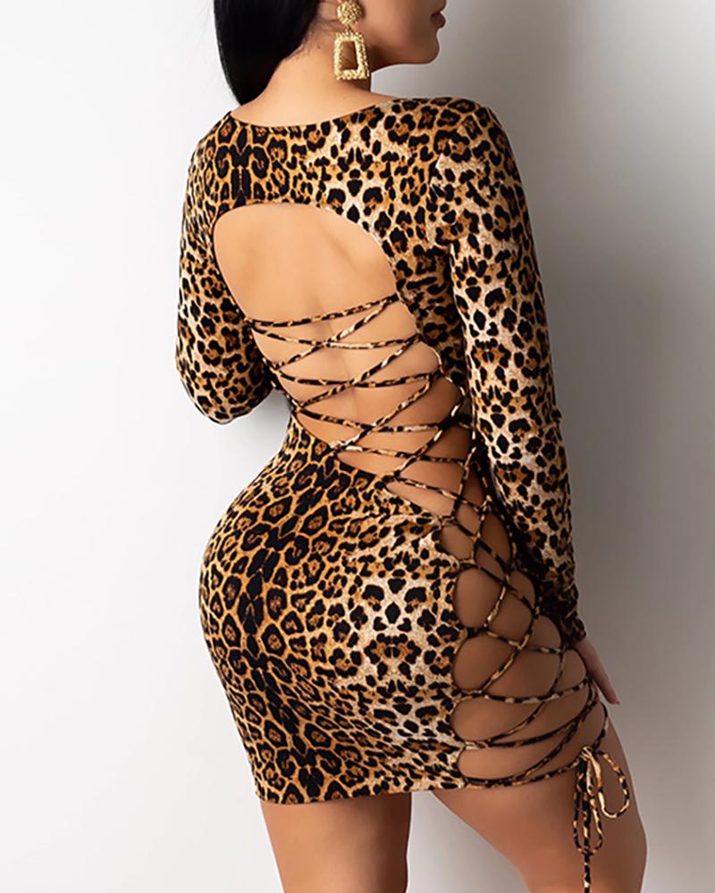 Women Sexy Long Sleeve Leopard Print Low Cut Hollow Out Lace Up Bandage Skinny Backless Bodycon Evening Party Club Mini Dress