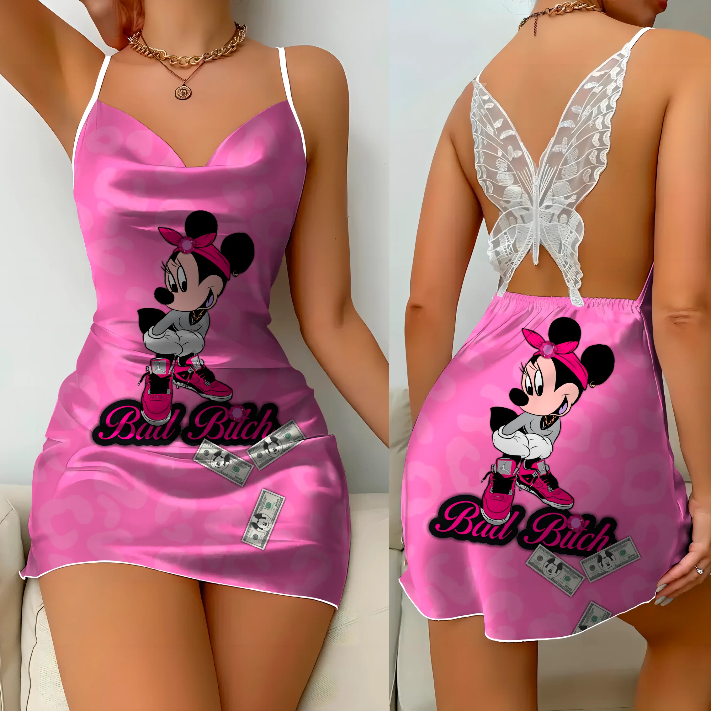 Mini Dress Pajama Skirt Bow Knot Party Dresses Satin Surface Minnie Mouse Disney Mickey Womens Fashion Summer 2024 Elegant Women Mini Dress Pajama Skirt Bow Knot Party Dresses Satin Surface Minnie Mouse Disney Mickey Womens Fashion Summer 2024 Elegant Women
