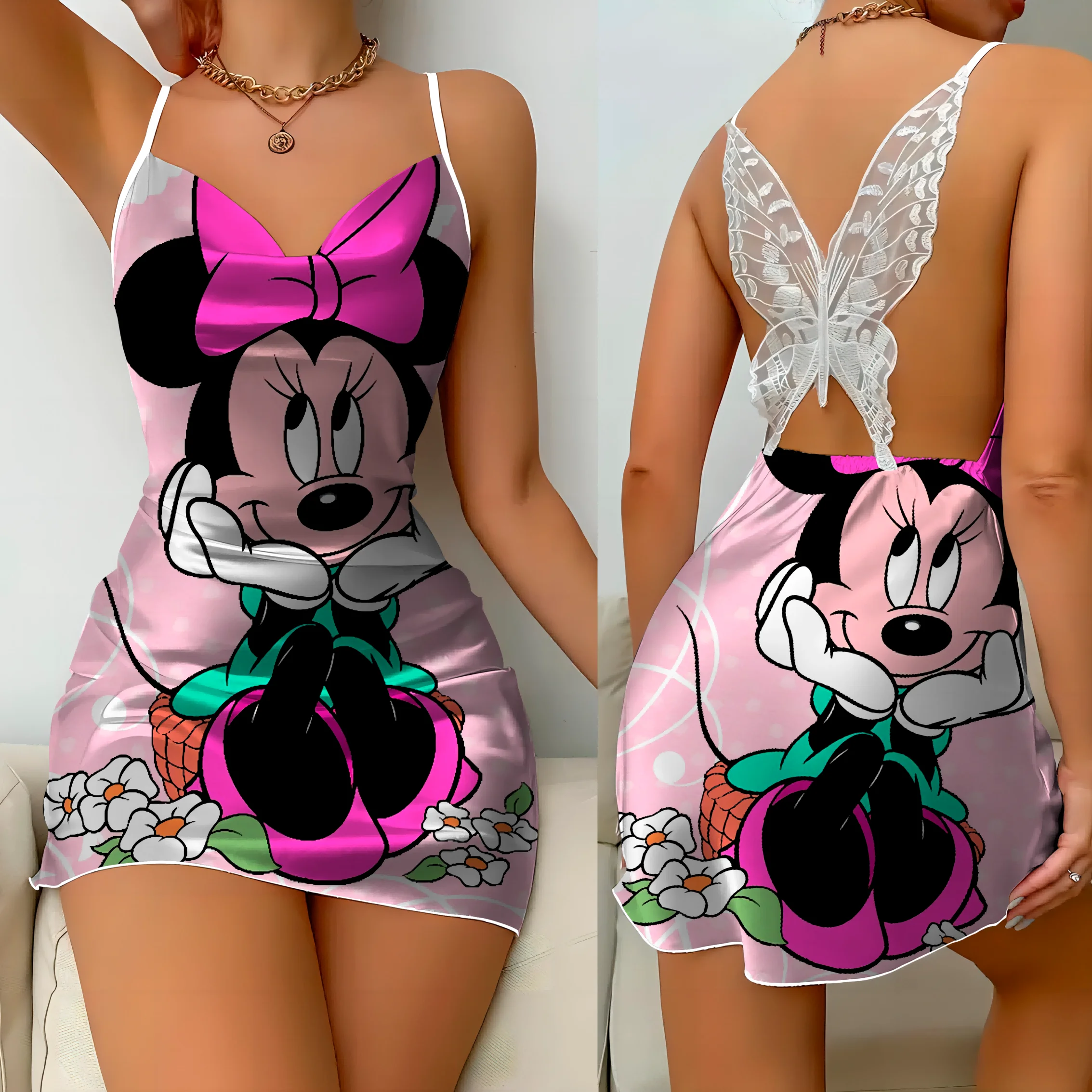Mini Dress Pajama Skirt Bow Knot Party Dresses Satin Surface Minnie Mouse Disney Mickey Womens Fashion Summer 2024 Elegant Women Mini Dress Pajama Skirt Bow Knot Party Dresses Satin Surface Minnie Mouse Disney Mickey Womens Fashion Summer 2024 Elegant Women