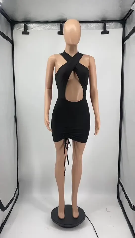 White Ladies Sexy Halter Dress 2024 Fashion Sleeveless Hollow Out Cut Out Bodycon Short Dress Party Club Lace Up Mini Dresses