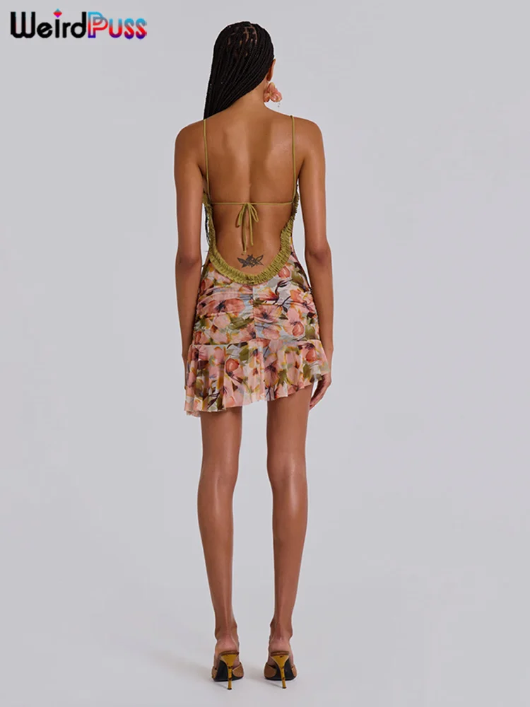Weird Puss See Through Sexy Dress Women Party Hollow Ruched Ruffles Backless Spaghetti Strap Irregular Midnight Clubwear Bodycon