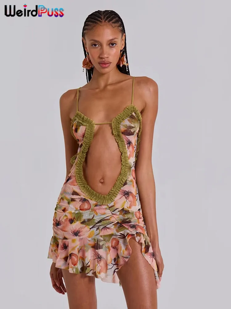 Weird Puss See Through Sexy Dress Women Party Hollow Ruched Ruffles Backless Spaghetti Strap Irregular Midnight Clubwear Bodycon