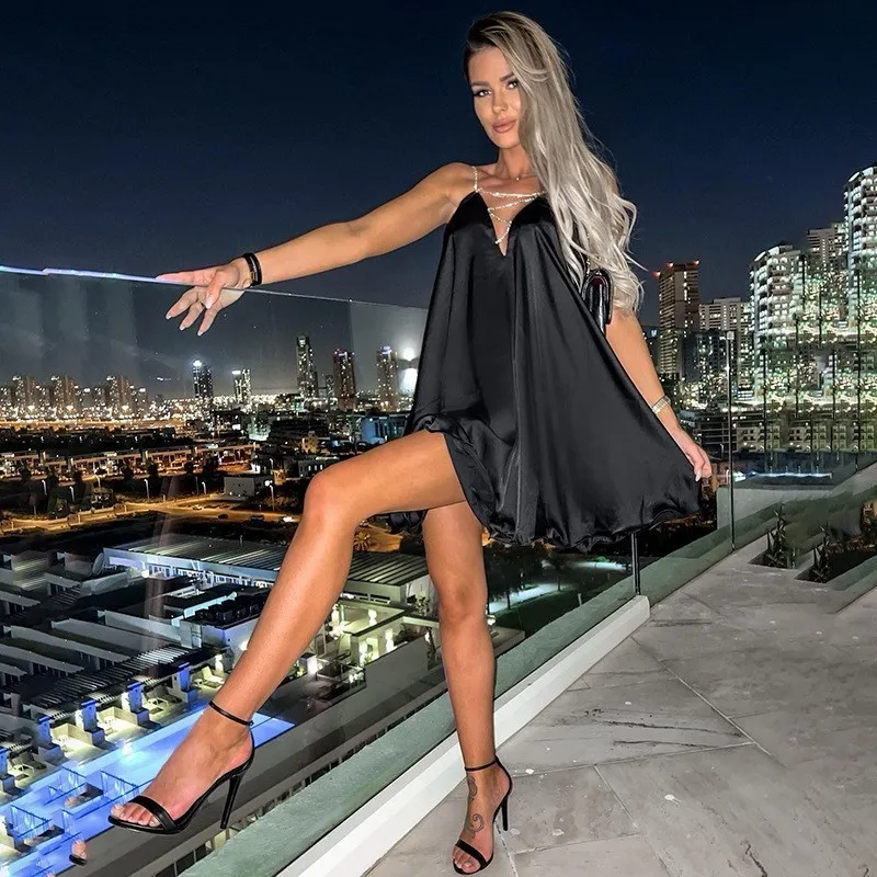BIG PROMOTION   Women's Fashion Sexy Deep V Diamond Chain Satin Lace Up Low Back Swing Party Club Dress