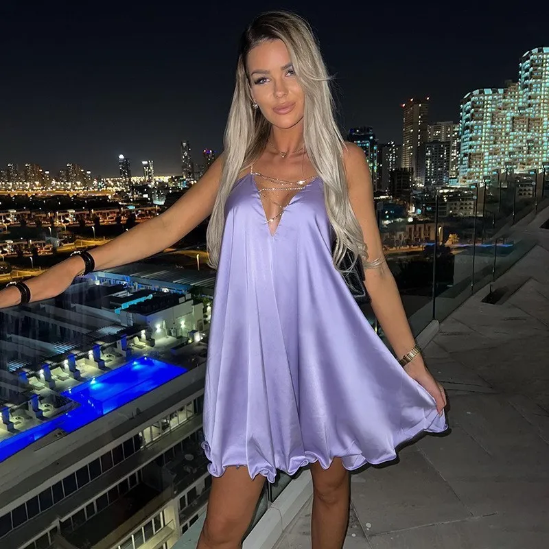 BIG PROMOTION   Women's Fashion Sexy Deep V Diamond Chain Satin Lace Up Low Back Swing Party Club Dress