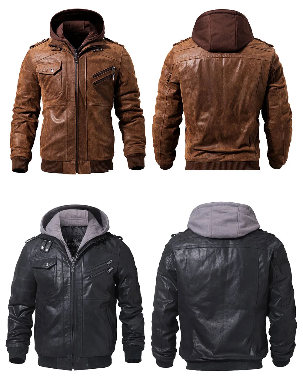 Men's Real Leather Motorcycle Jacket with Removable Hood