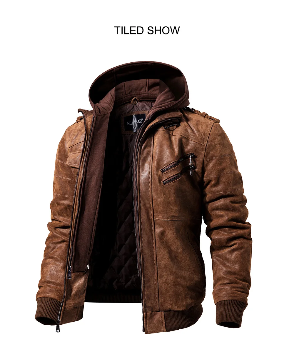 Men's Real Leather Motorcycle Jacket with Removable Hood