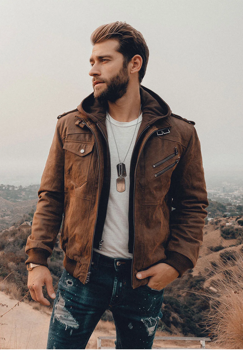 Men's Real Leather Motorcycle Jacket with Removable Hood
