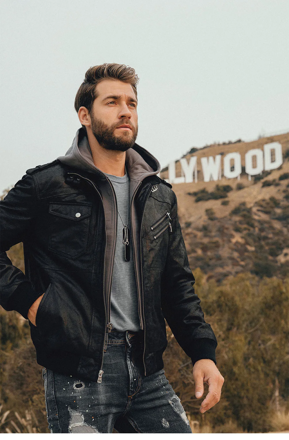 Men's Real Leather Motorcycle Jacket with Removable Hood