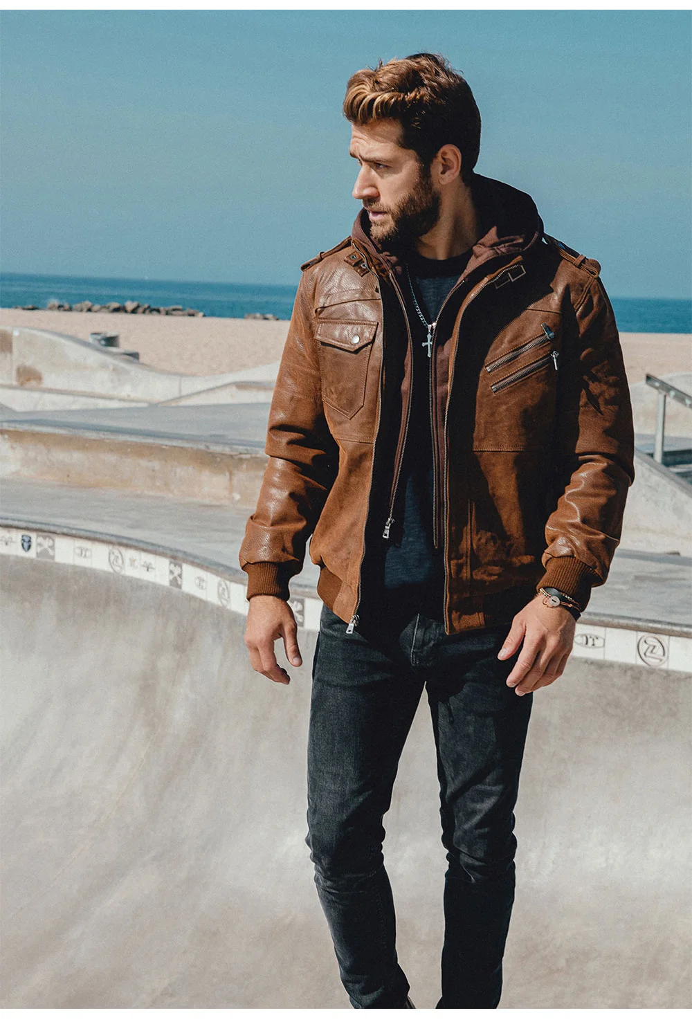 Men's Real Leather Motorcycle Jacket with Removable Hood