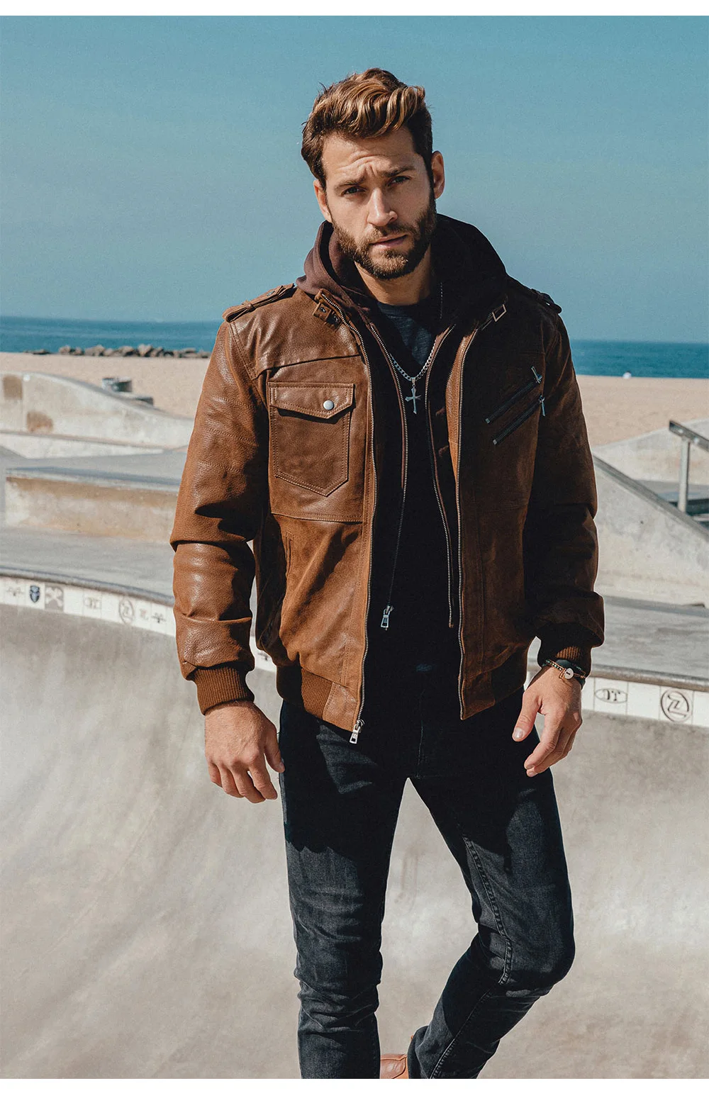 Men's Real Leather Motorcycle Jacket with Removable Hood