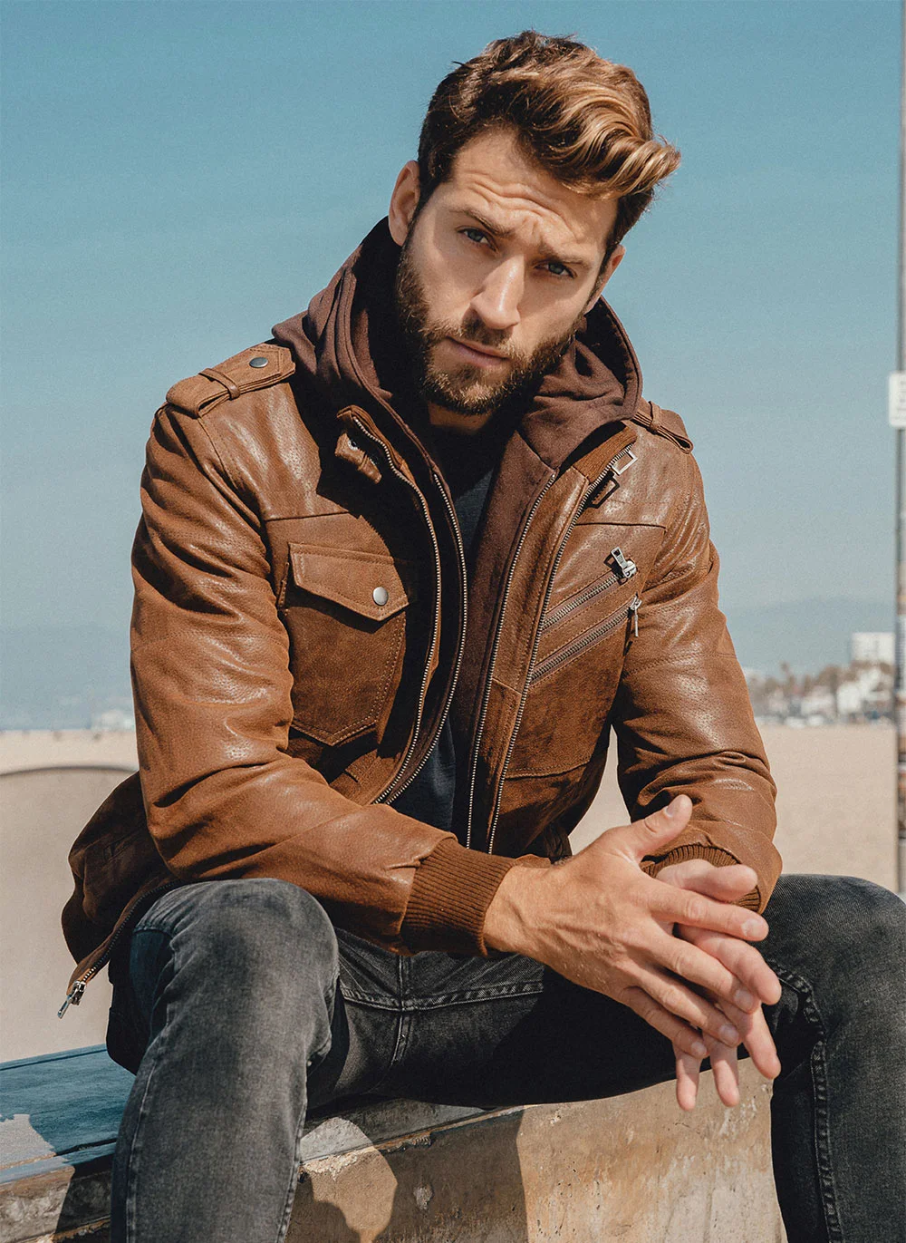 Men's Real Leather Motorcycle Jacket with Removable Hood