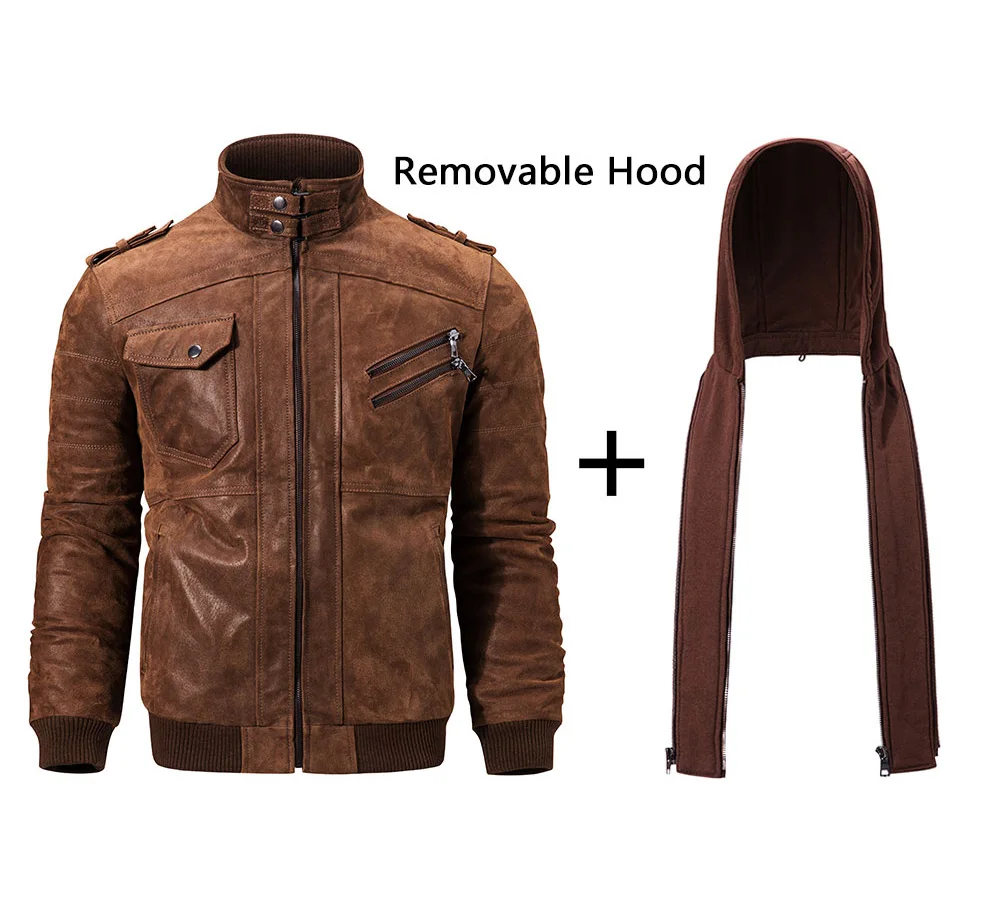 Men's Real Leather Motorcycle Jacket with Removable Hood