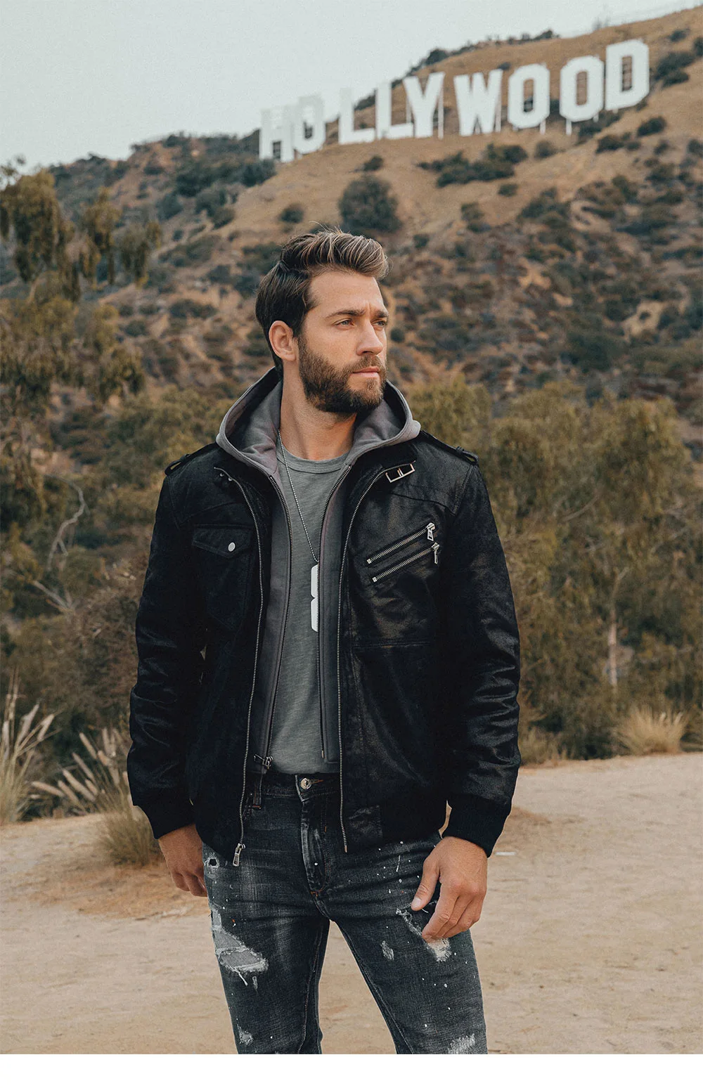 Men's Real Leather Motorcycle Jacket with Removable Hood