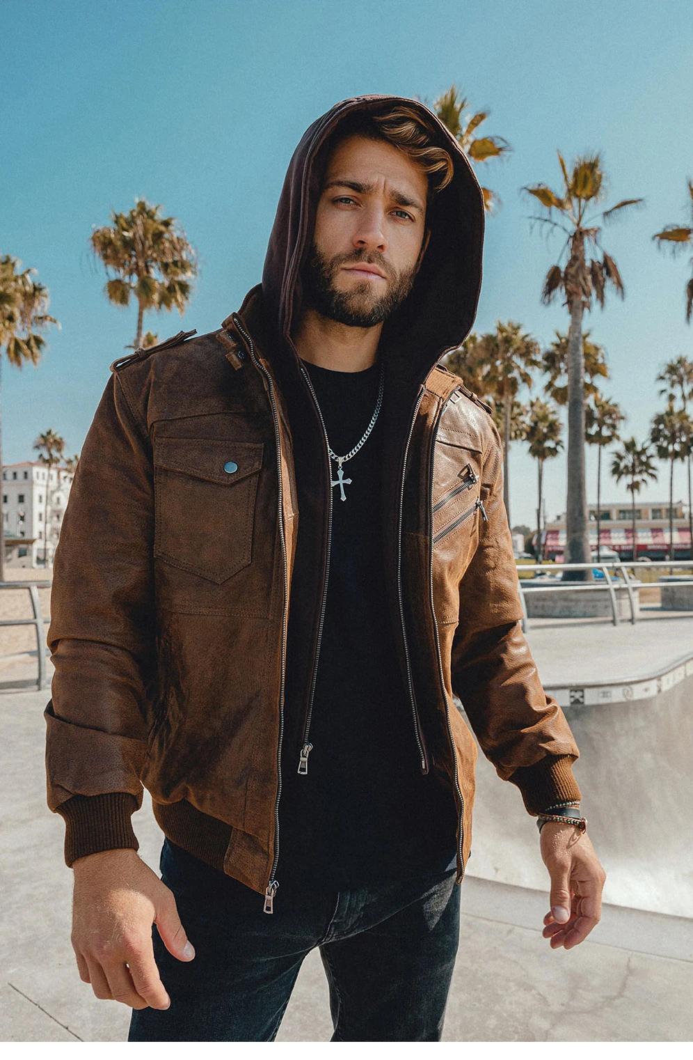 Men's Real Leather Motorcycle Jacket with Removable Hood