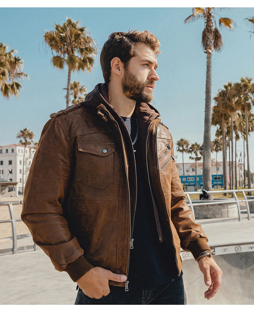 Men's Real Leather Motorcycle Jacket with Removable Hood