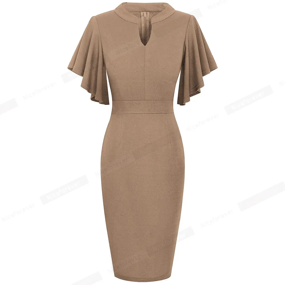 Women's Midi Pencil Dress with Ruffled Sleeves