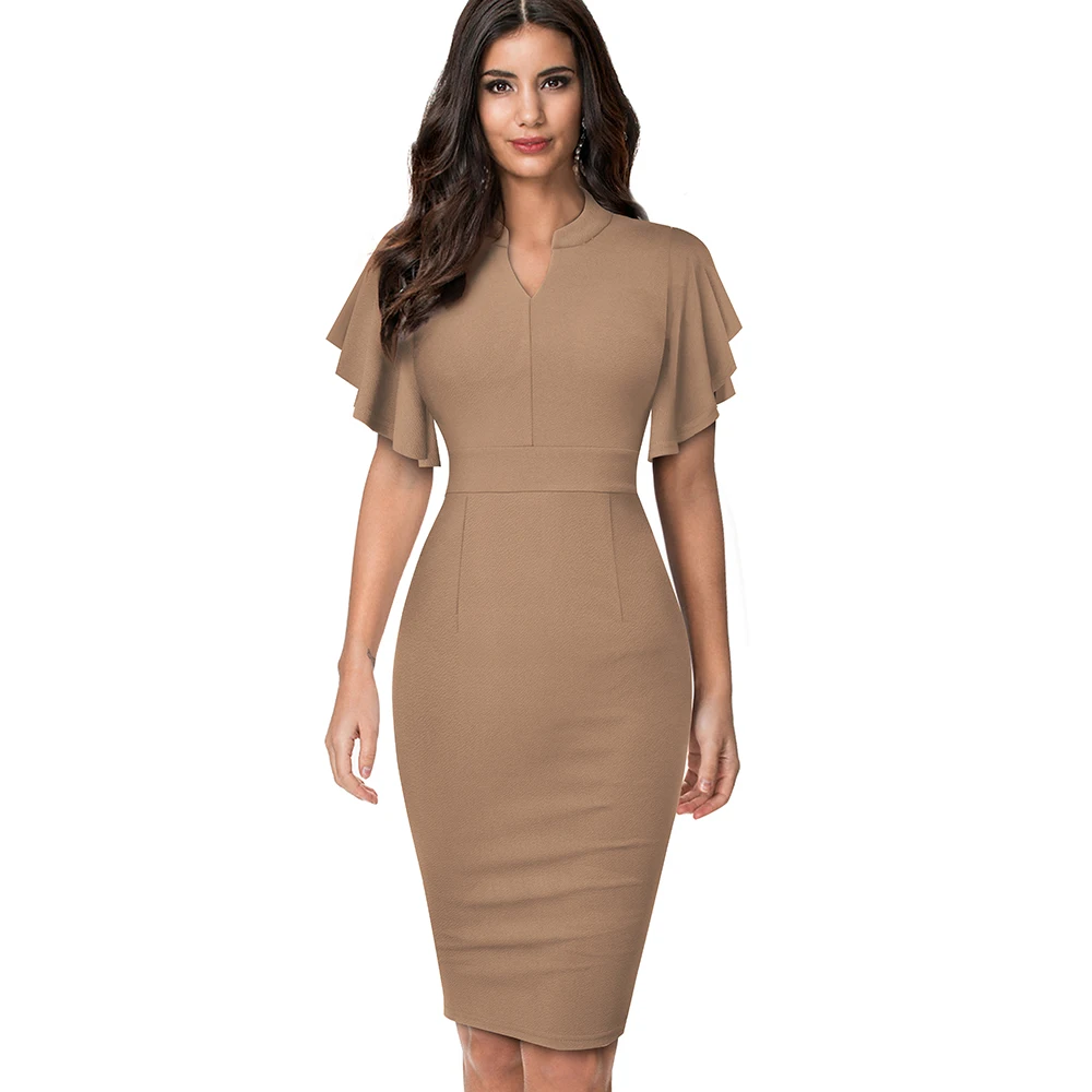 Women's Midi Pencil Dress with Ruffled Sleeves