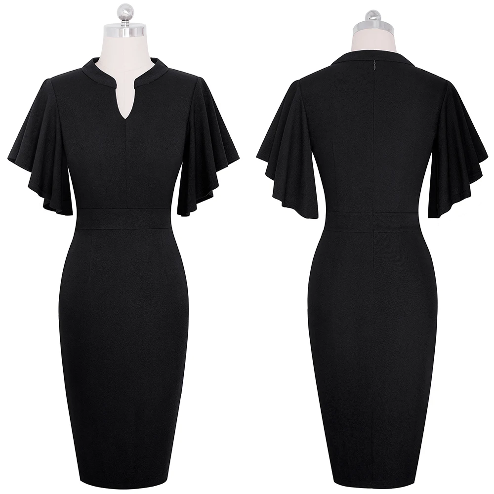 Women's Midi Pencil Dress with Ruffled Sleeves