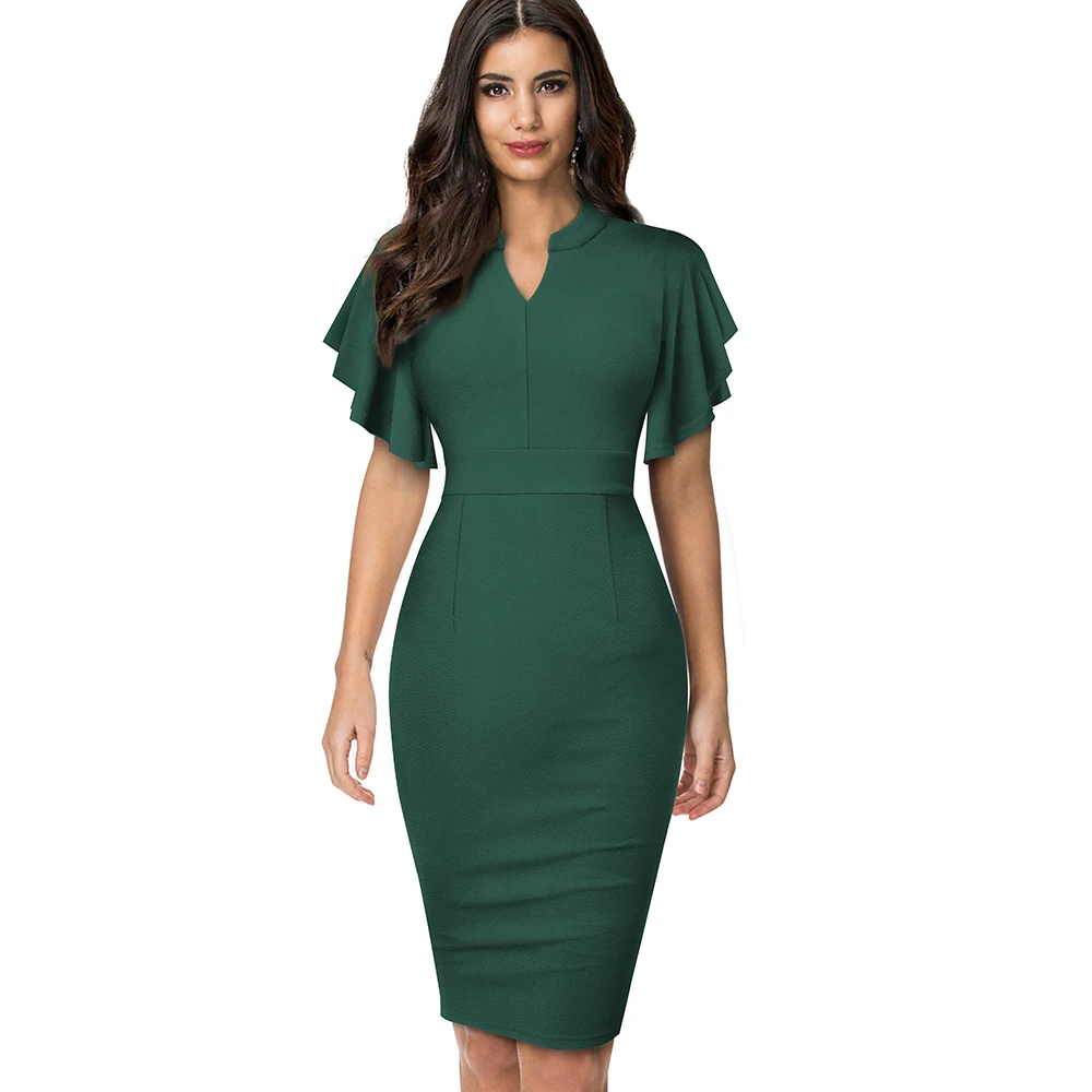 Women's Midi Pencil Dress with Ruffled Sleeves